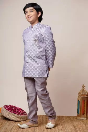 Boys lilac jacquard scallop motifs sherwani set