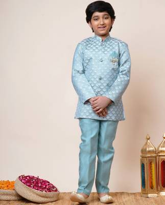 Boys sky blue jacquard scallop motifs sherwani set 1