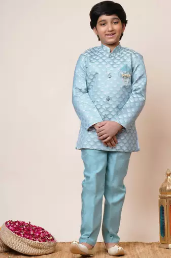 Boys sky blue jacquard scallop motifs sherwani set