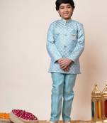 Boys sky blue jacquard scallop motifs sherwani set