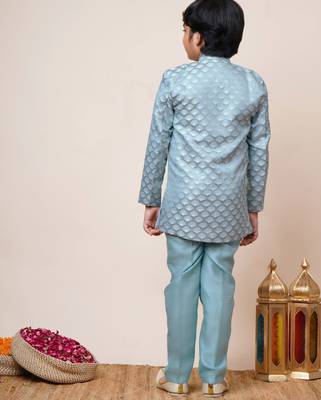 Boys sky blue jacquard scallop motifs sherwani set 2