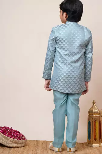 Boys sky blue jacquard scallop motifs sherwani set