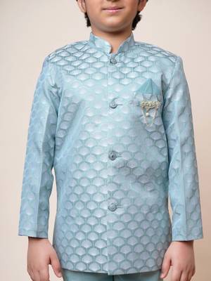 Boys sky blue jacquard scallop motifs sherwani set 3