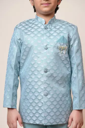 Boys sky blue jacquard scallop motifs sherwani set