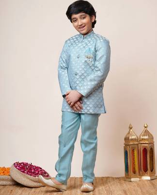 Boys sky blue jacquard scallop motifs sherwani set 4