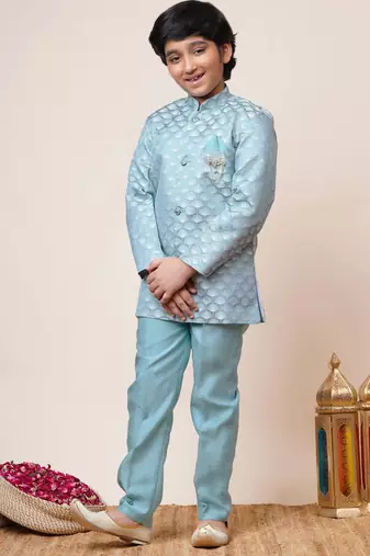Boys sky blue jacquard scallop motifs sherwani set