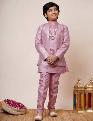 Boys onion pink cotton silk sequins embellished kurta pyjama set with shrug & necklace 1
