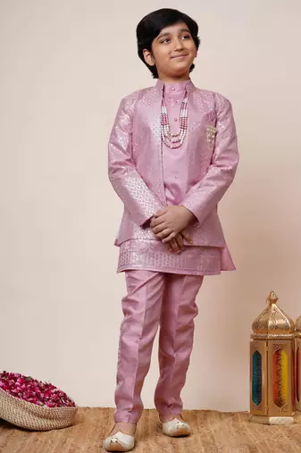 Boys onion pink cotton silk sequins embellished kurta pyjama set with shrug & necklace