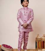 Boys onion pink cotton silk sequins embellished kurta pyjama set with shrug & necklace