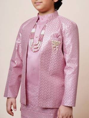 Boys onion pink cotton silk sequins embellished kurta pyjama set with shrug & necklace 3
