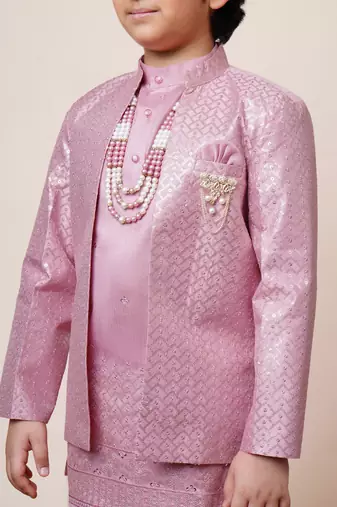 Boys onion pink cotton silk sequins embellished kurta pyjama set with shrug & necklace