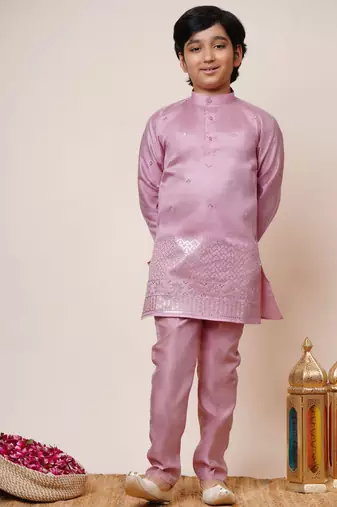 Boys onion pink cotton silk sequins embellished kurta pyjama set with shrug & necklace