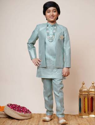 Boys sky blue cotton silk sequins embellished kurta pyjama set with shrug & necklace 1