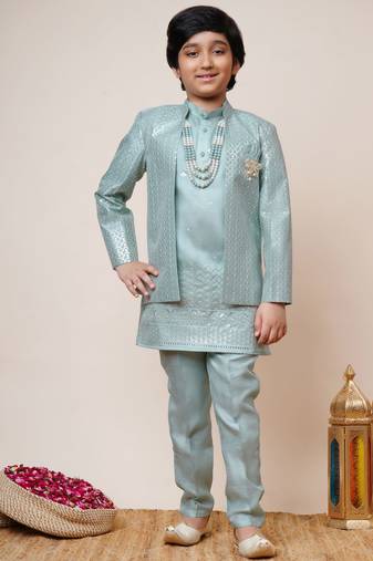 Boys sky blue cotton silk sequins embellished kurta pyjama set with shrug & necklace
