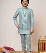 Boys sky blue cotton silk sequins embellished kurta pyjama set with shrug & necklace