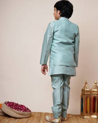 Boys sky blue cotton silk sequins embellished kurta pyjama set with shrug & necklace 2