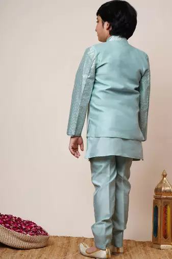 Boys sky blue cotton silk sequins embellished kurta pyjama set with shrug & necklace