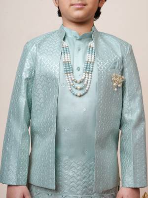 Boys sky blue cotton silk sequins embellished kurta pyjama set with shrug & necklace 3