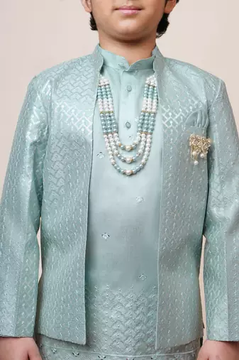Boys sky blue cotton silk sequins embellished kurta pyjama set with shrug & necklace