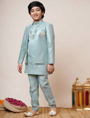 Boys sky blue cotton silk sequins embellished kurta pyjama set with shrug & necklace 4