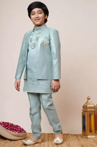 Boys sky blue cotton silk sequins embellished kurta pyjama set with shrug & necklace