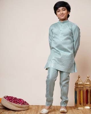 Boys sky blue cotton silk sequins embellished kurta pyjama set with shrug & necklace 5