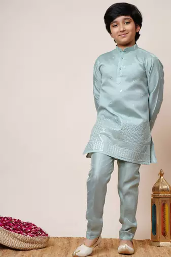 Boys sky blue cotton silk sequins embellished kurta pyjama set with shrug & necklace