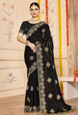 Black sequin siroski stone border work fendy two tone silk saree sari 1
