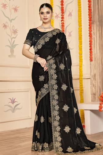 Black sequin siroski stone border work fendy two tone silk saree sari