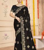 Black sequin siroski stone border work fendy two tone silk saree sari