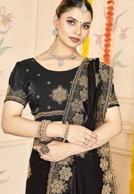Black sequin siroski stone border work fendy two tone silk saree sari 2