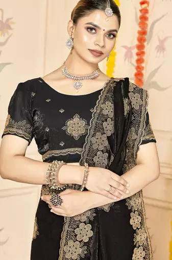Black sequin siroski stone border work fendy two tone silk saree sari