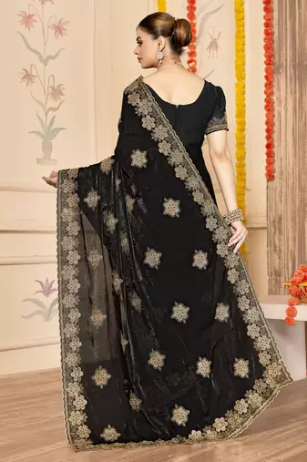 Black sequin siroski stone border work fendy two tone silk saree sari