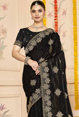 Black sequin siroski stone border work fendy two tone silk saree sari 4