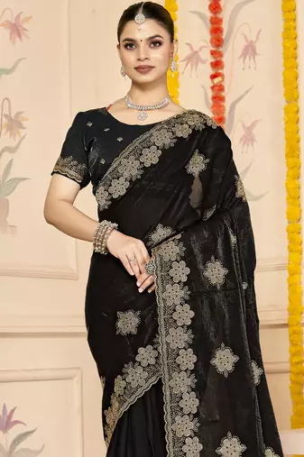 Black sequin siroski stone border work fendy two tone silk saree sari
