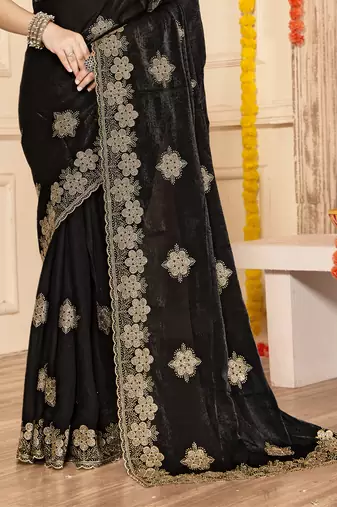 Black sequin siroski stone border work fendy two tone silk saree sari