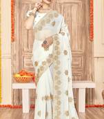 White sequin siroski stone border work fendy two tone silk saree sari