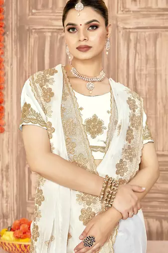 White sequin siroski stone border work fendy two tone silk saree sari