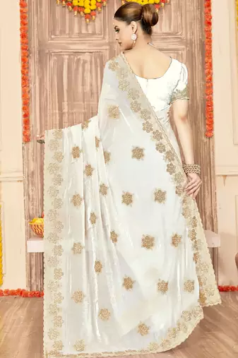 White sequin siroski stone border work fendy two tone silk saree sari