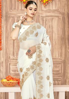 White sequin siroski stone border work fendy two tone silk saree sari 4
