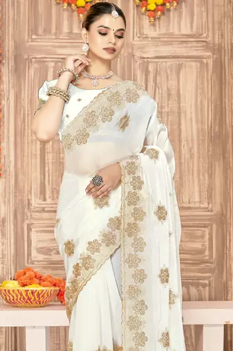 White sequin siroski stone border work fendy two tone silk saree sari