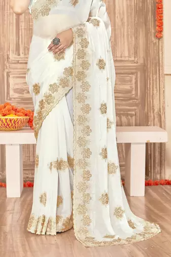 White sequin siroski stone border work fendy two tone silk saree sari