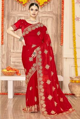 Red sequin siroski stone border work fendy two tone silk saree sari 1