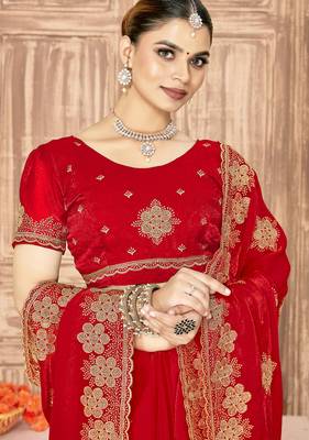 Red sequin siroski stone border work fendy two tone silk saree sari 2
