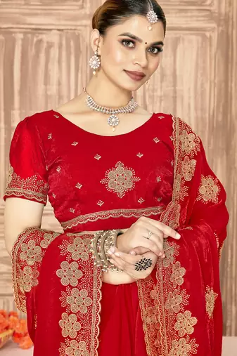 Red sequin siroski stone border work fendy two tone silk saree sari
