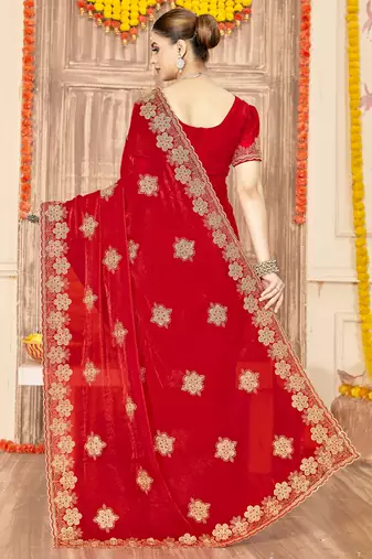 Red sequin siroski stone border work fendy two tone silk saree sari
