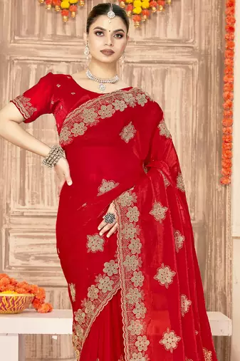 Red sequin siroski stone border work fendy two tone silk saree sari