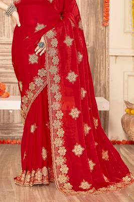 Red sequin siroski stone border work fendy two tone silk saree sari 5