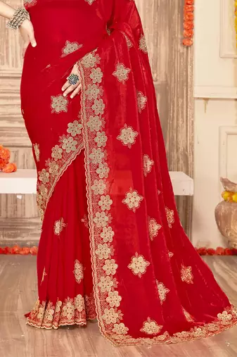 Red sequin siroski stone border work fendy two tone silk saree sari