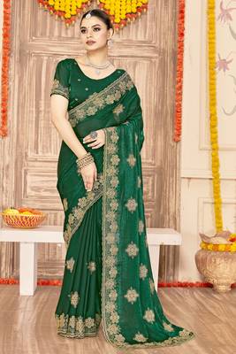Bottle green sequin siroski stone border work fendy two tone silk saree sari 1